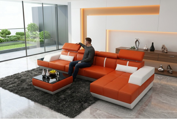 Ledercouch L-Form Canapé Wunnlandschafte Eckcouch Garnitur Design Modern Sofa USB Eu