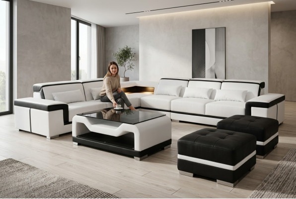 Lieder Sofa mat USB Polster Eck Couche Garnitur Wunnlandschaft Dësch Hocker