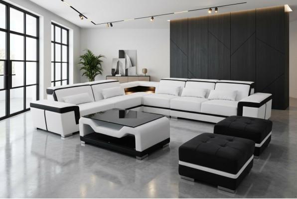 Lieder Sofa mat USB Polster Eck Couche Garnitur Wunnlandschaft Dësch Hocker