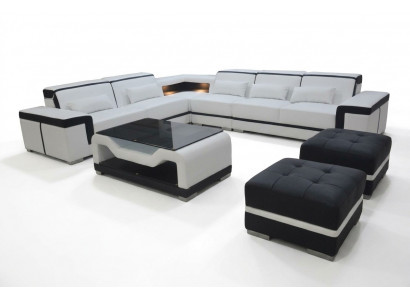 Lieder Sofa mat USB Polster Eck Couche Garnitur Wunnlandschaft Dësch Hocker