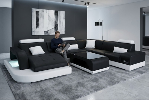 Lieder Sofa mat USB Modern Sëtz Couch Polster Design Eck Wunnlandschaft Dësch