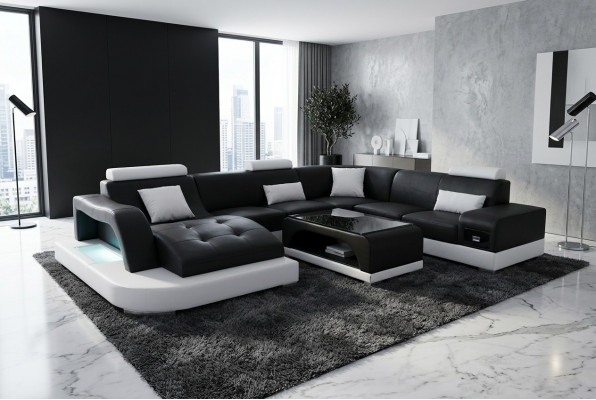 Lieder Sofa mat USB Modern Sëtz Couch Polster Design Eck Wunnlandschaft Dësch