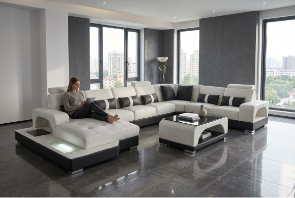 Lieder Sofa mat USB Modern Sëtz Couch Polster Eck Couchen Wohnlandschaft + Dësch