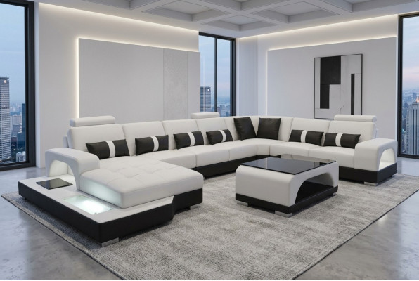 Lieder Sofa mat USB Modern Sëtz Couch Polster Eck Couchen Wohnlandschaft + Dësch