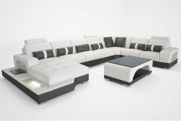 Lieder Sofa mat USB Modern Sëtz Couch Polster Eck Couchen Wohnlandschaft + Dësch