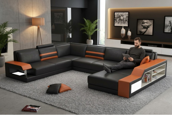 Designer-Ecksofa, Ledersofa Polstersëtz Eck-Garnitur mat USB an LED.