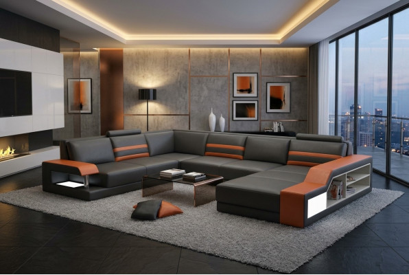 Designer-Ecksofa, Ledersofa Polstersëtz Eck-Garnitur mat USB an LED.