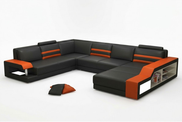 Designer-Ecksofa, Ledersofa Polstersëtz Eck-Garnitur mat USB an LED.