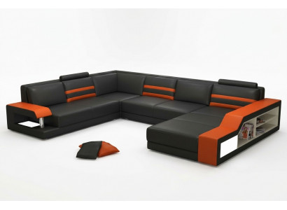 Designer-Ecksofa, Ledersofa Polstersëtz Eck-Garnitur mat USB an LED.