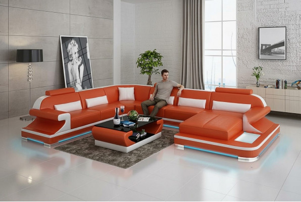 Ledercouch Couch Wunnlandschaft Ecksofa Ecker Garnitur Design Modern Sofa mat USB