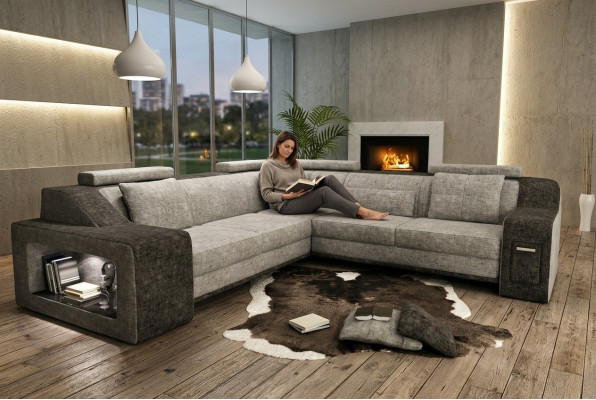 Ecksofa Lieder Textil Sofa mat USB, Polster Wunnlandschaft L Garnitur Sëtz Isching