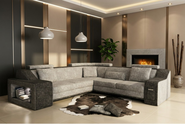 Ecksofa Lieder Textil Sofa mat USB, Polster Wunnlandschaft L Garnitur Sëtz Isching