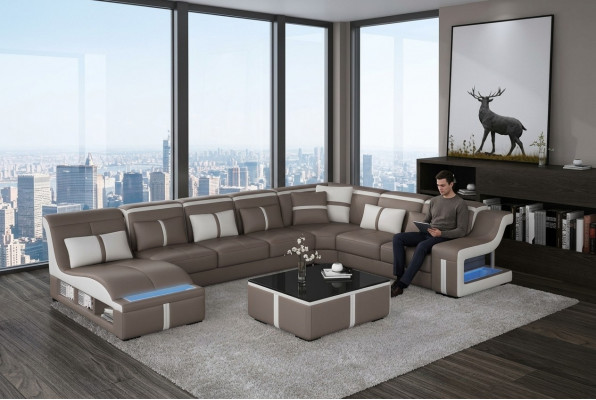 Luxus Canapé Eckcouch Design Wunnlandschaft Canapéen Canapé Eckgarnitur + Luucht + USB