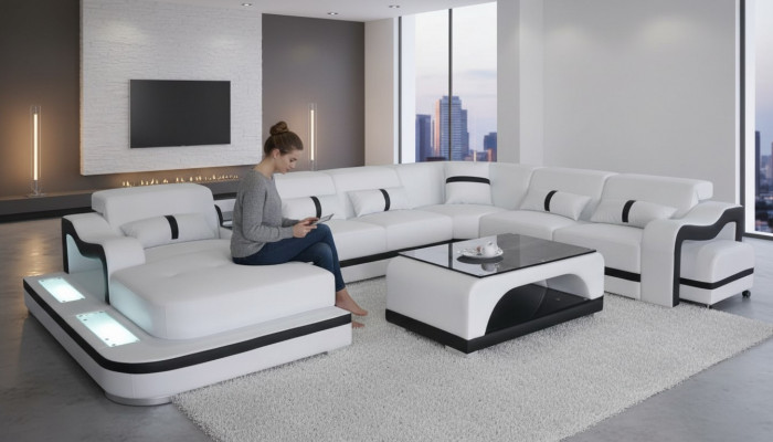 Eckcanapé Eckgarnitur Eckcouch Canapé Couch Polster Wunnlandschaft Dësch USB LED Nei