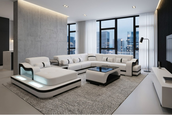 Eckcanapé Eckgarnitur Eckcouch Canapé Couch Polster Wunnlandschaft Dësch USB LED Nei