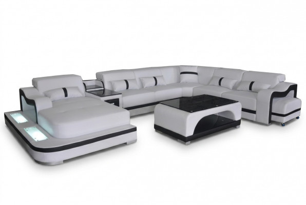 Eckcanapé Eckgarnitur Eckcouch Canapé Couch Polster Wunnlandschaft Dësch USB LED Nei