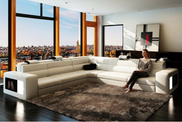 Ledersofa Sofa mat USB, Ecksofa Sëtz Polster Wunnlandschaft XXL Grouss Weiden Wäiss