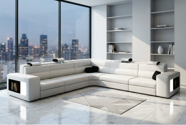 Ledersofa Sofa mat USB, Ecksofa Sëtz Polster Wunnlandschaft XXL Grouss Weiden Wäiss
