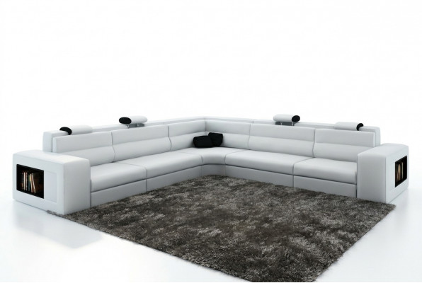 Ledersofa Sofa mat USB, Ecksofa Sëtz Polster Wunnlandschaft XXL Grouss Weiden Wäiss