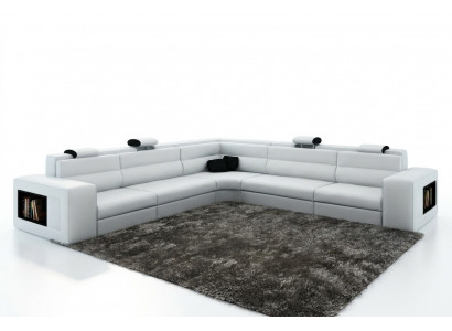 Ledersofa Sofa mat USB, Ecksofa Sëtz Polster Wunnlandschaft XXL Grouss Weiden Wäiss