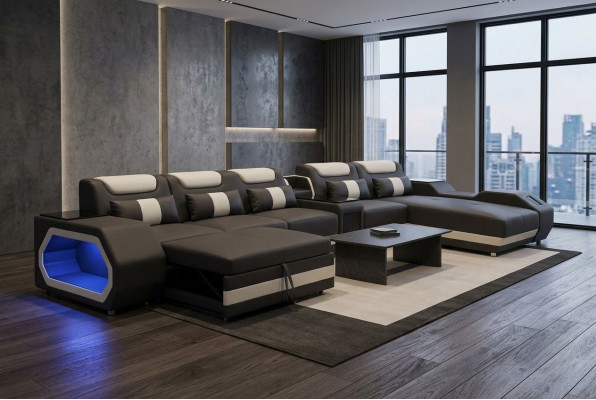 Design XXL Modern Lieder Polster Eck Canapé Sofa Eck Wunnlandschafte Bett USB LED