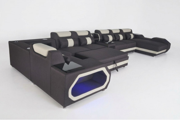 Design XXL Modern Lieder Polster Eck Canapé Sofa Eck Wunnlandschafte Bett USB LED