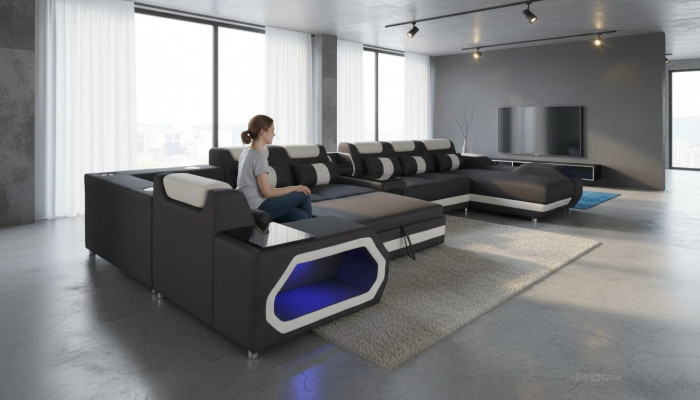 Luxus Sofa Eckcouch Modern Wunnlandschaft Sofas Canapé Eckgarnitur + Luucht + USB