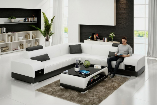 Ledersofa Canapé Wunnlandschaft Ecksofa Eck Garnitur Design Modern Sofa USB Nei