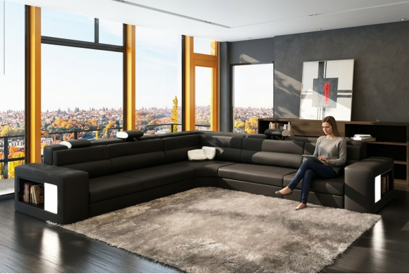 Ledercouch Sofa mat USB Ecksofa Sëtz Polster Wunnlandschaft XXL Grouss Weiden Schwaarz