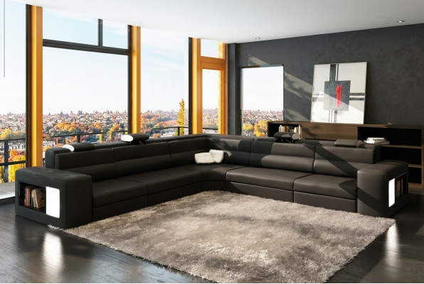 Ledercouch Sofa mat USB Ecksofa Sëtz Polster Wunnlandschaft XXL Grouss Weiden Schwaarz