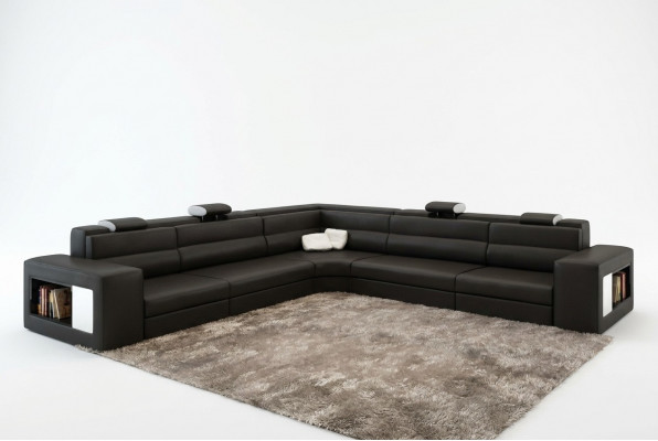 Ledercouch Sofa mat USB Ecksofa Sëtz Polster Wunnlandschaft XXL Grouss Weiden Schwaarz