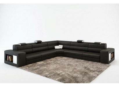 Ledercouch Sofa mat USB Ecksofa Sëtz Polster Wunnlandschaft XXL Grouss Weiden Schwaarz