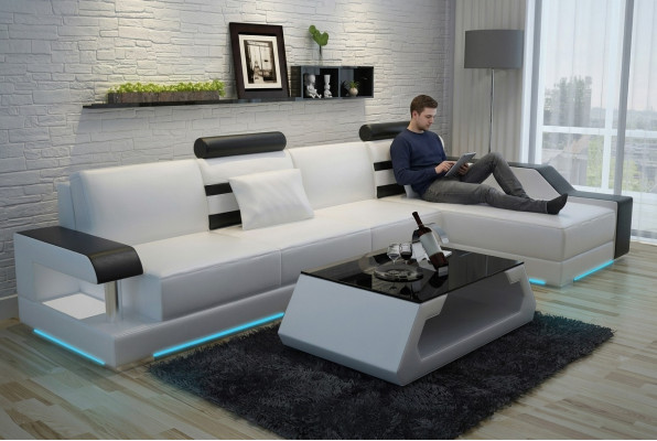 Ledercouch Moossfabrik Couch Wunnlandschaft Ecksgaarnitur Design Sofa USB Nei