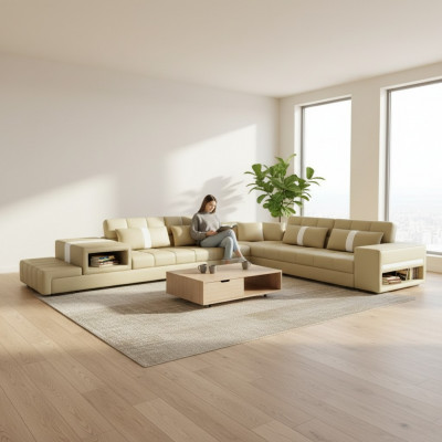 Ecksofa Sofa Canapé USB Polster Wunnlandschaft Ledersofa Design L Form Nei Beige