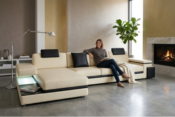 Wunnzëmmer Sofa Ledersofa Polstercouch Sëtzkomplett Modern Beleuchtet LED + USB