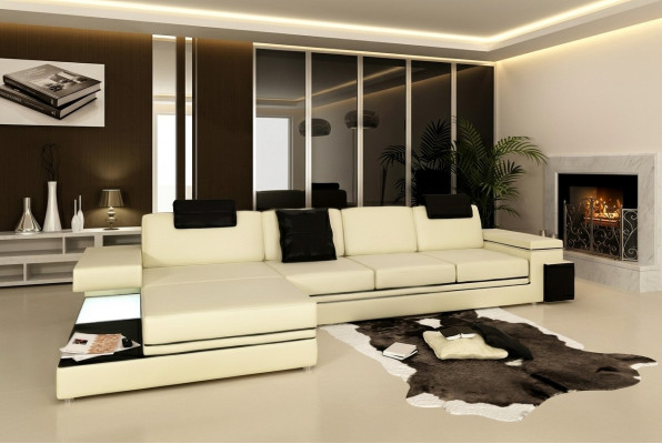 Wunnzëmmer Sofa Ledersofa Polstercouch Sëtzkomplett Modern Beleuchtet LED + USB