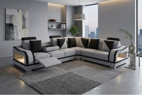 Moderne Textil Canapé Eckcouch Pouf Wunnzëmmer Ecksofa L-Form Wunnlandschaft USB