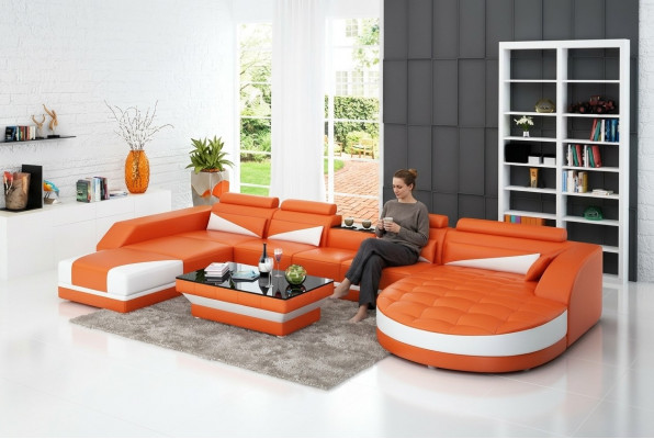 Ledercouch Couch Wunnlandschaft Eckcouch Garnitur Design Modern Couch USB Orange