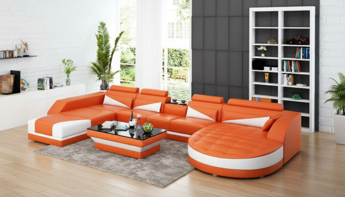 Ledercouch Couch Wunnlandschaft Eckcouch Garnitur Design Modern Couch USB Orange