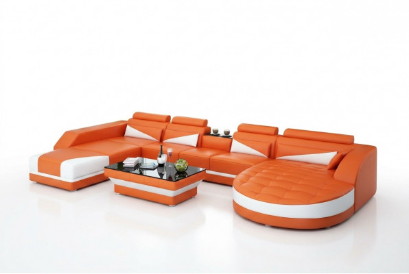 Ledercouch Couch Wunnlandschaft Eckcouch Garnitur Design Modern Couch USB Orange