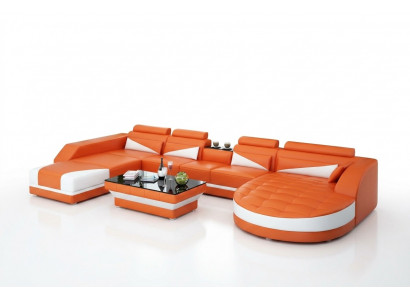 Ledercouch Couch Wunnlandschaft Eckcouch Garnitur Design Modern Couch USB Orange