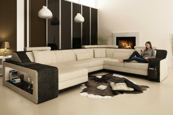 Modern Wunnlandschaft Polster Ecksofa Canapé Couch Eck Garnitur Textil Canapéen +USB