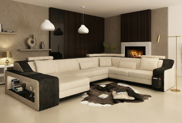 Modern Wunnlandschaft Polster Ecksofa Canapé Couch Eck Garnitur Textil Canapéen +USB