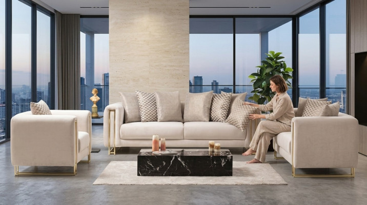 Design Textil 3-Sëtzer Wäiss Elegant Modern Sofa Polsterung Couch Neien Wunnzëmmer