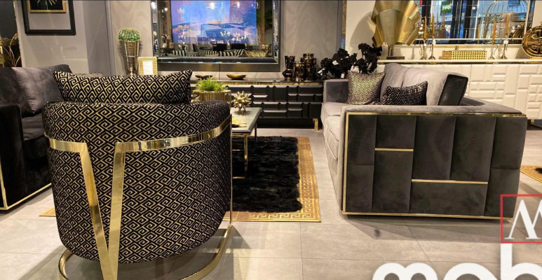 Design Couch, dräisëtzer gepolsterte Sofas Stoff modern 3-Sëtzer Couchen Samt Metall