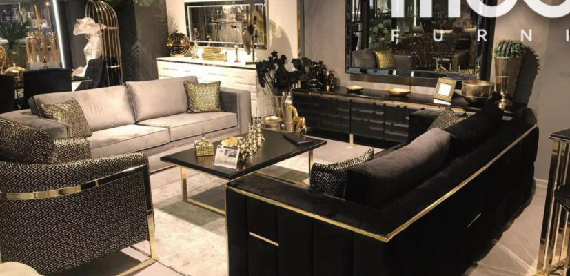 Design Couch, dräisëtzer gepolsterte Sofas Stoff modern 3-Sëtzer Couchen Samt Metall