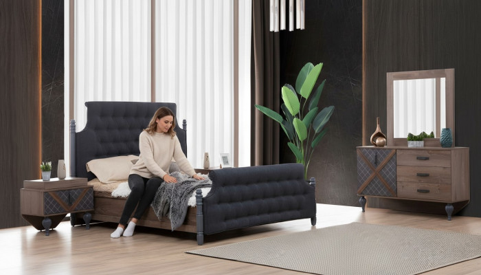 Bett Nuetsdësch Kommoud mat Spigel Schlofkummer 4 Stéck Set Chesterfield