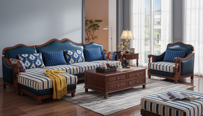 Blo Eckcouch Canapé mat Sëtz Colonial Canapé Miwwel Antik Stil Canapéën