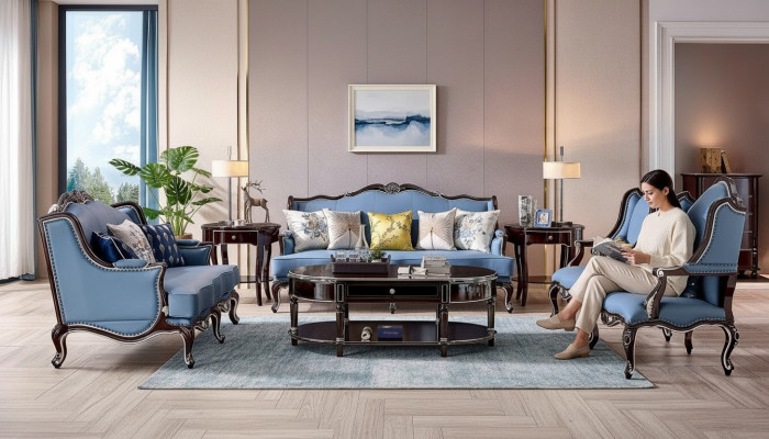 Luxus Klassesch Chesterfield Polster Sofagarnitur 3+2+1+1 Sëtz Blau Schwaarz