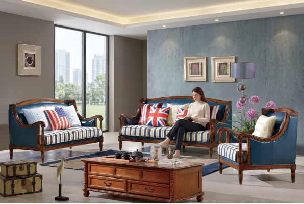 Amerikanesch Sofa Garnitur Ledersofa Couch Polster 321 Sëtzer Holz Empire Miwwelen